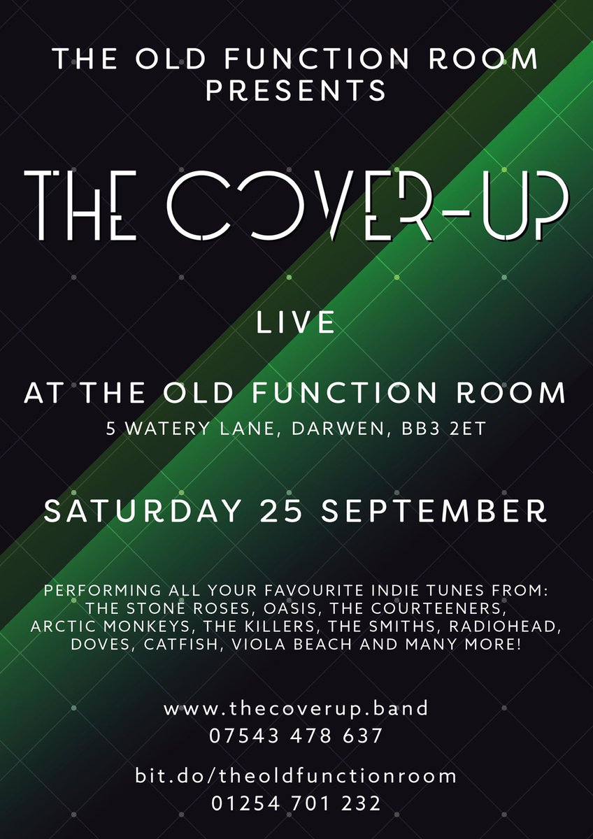 TheCoverUpp's tweet photo. Tomorrow night, The Cover-Up return to “The Funky Room” come on!
#livemusic #indie #darwen #theoldfunctionroom #Oasis #thestoneroses #smiths #Radiohead #arcticmonkeys https://t.co/hkxVPDcSae