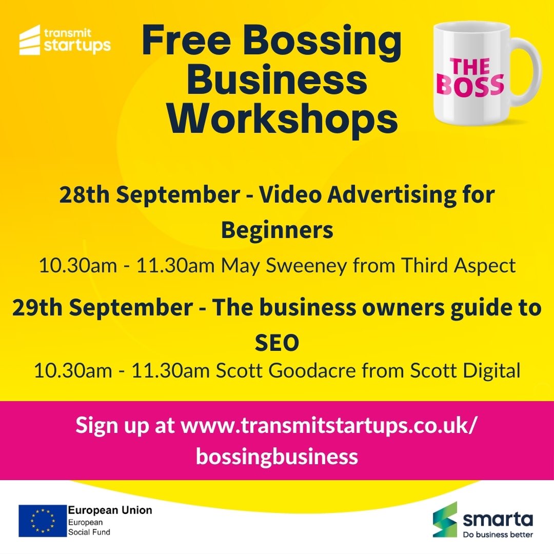 TransmitStartUp's tweet image. Next week you can join us for two more of our FREE Bossing Business Workshops! 

• Video advertising for beginners with May Sweeney of @thethirdaspect &amp;amp;
• The business owners guide to SEO with @scottdigitalco 

Find out more and sign up here: 

transmitstartups.co.uk/events