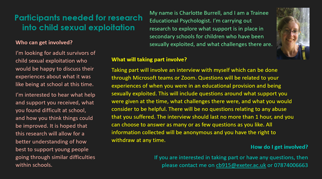 CharlBurrell's tweet photo. #twitterEPs I need your help. I’m looking for participants for my thesis research on CSE. I’m looking to talk to adult survivors about their educational experiences. If you know anyone who can help, please get in touch. Please also share/RT. Thank you! #edutwitter #thesis https://t.co/Kg7OnK72jj