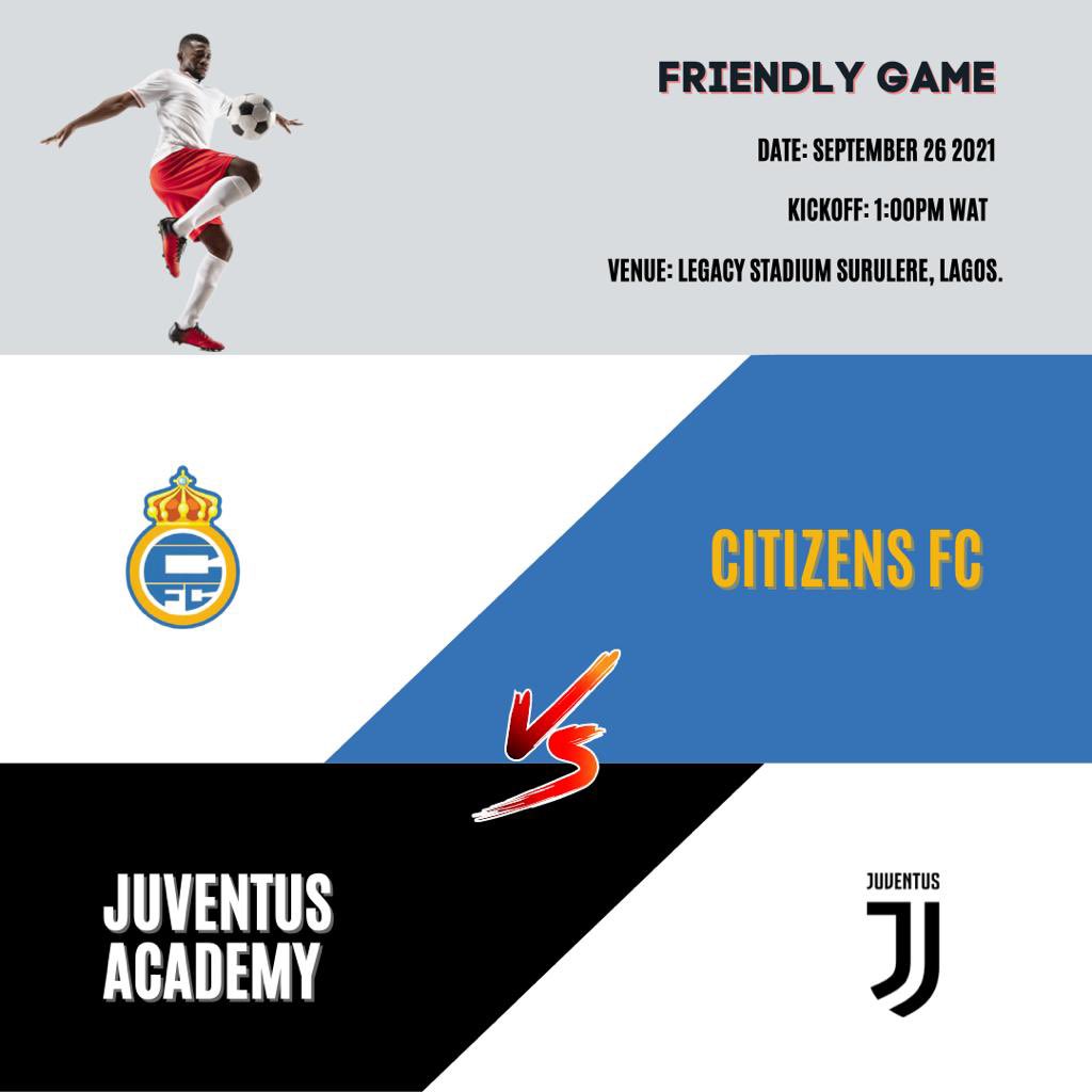 CitizensFc_'s tweet photo. This Sunday, we stretch our legs out at the Legacy pitch in Surulere. 

Your Citizens 🆚  @JAcademyNigeria 
📆: Sunday, September 26th 2021
⏱: 1pm

You’re all invited ! #ProudCitizen https://t.co/K3tFvZ5Mkb