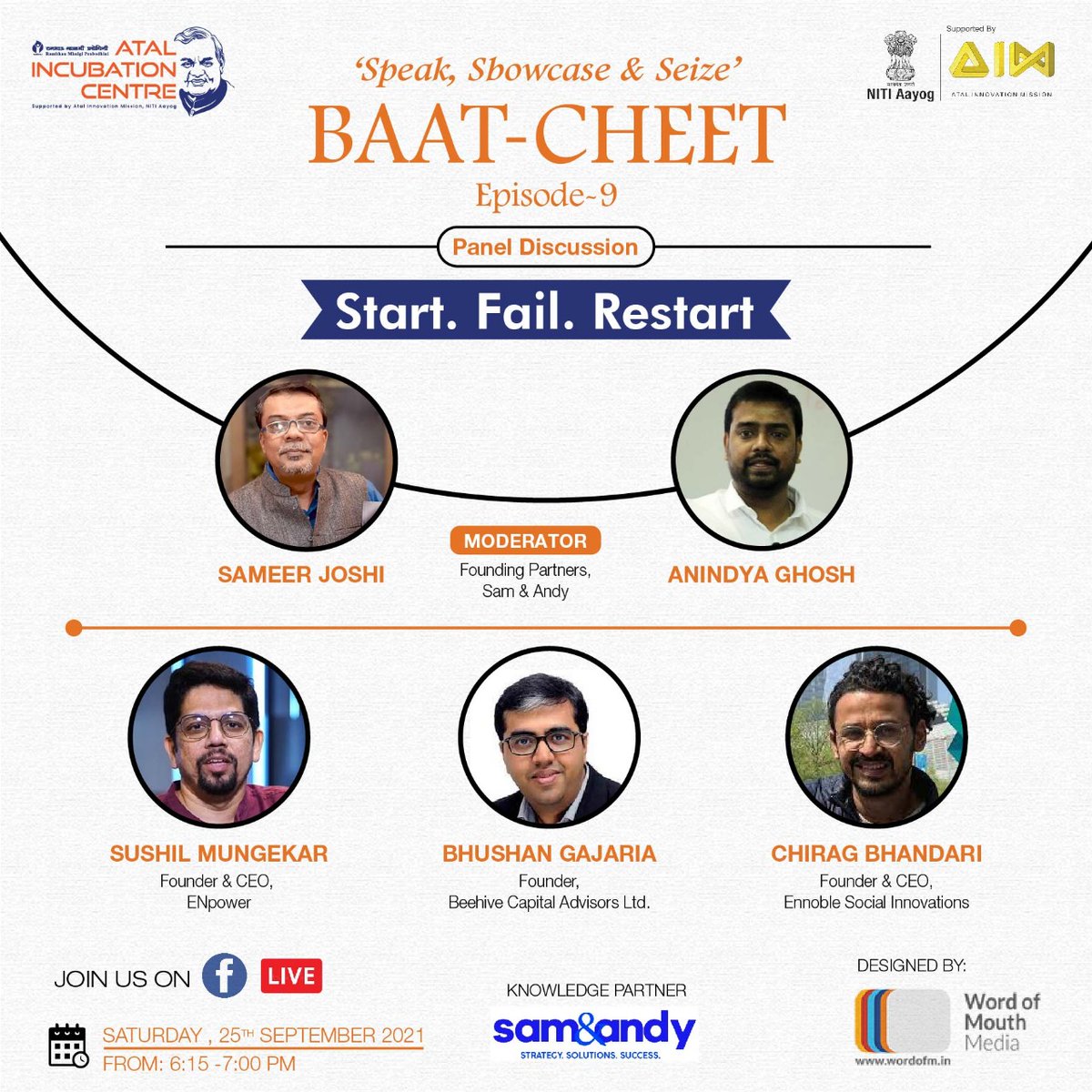 AicRmp's tweet photo. Join us for an animated #BaatCheet with panelists Sushil Mungekar, Chirag Bhandari &amp; Bhushan Gajaria on an interesting topic 'Start..Fail...Restart.....' Moderated by Sameer Joshi and Anindya Ghosh.
When: 25th September, 2021 
Time: - 6:15- 7:00 PM
Link: https://t.co/fKi6kA87wa https://t.co/JIr4J08OtT