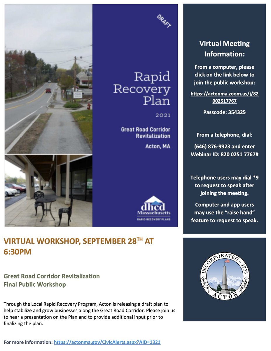 Acton is releasing a draft plan to help stabilize and grow businesses along the Great Road Corridor. Please join us on September 28th at 6:30 PM to learn more and to provide additional input prior to finalizing the plan.

#ActonMA @MassEOHED