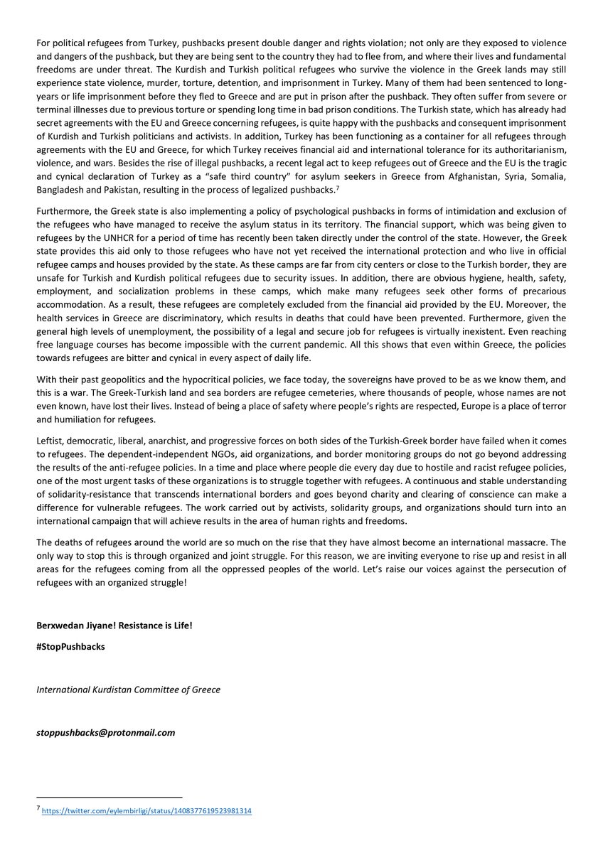 StopPushbacks's tweet photo. The International Kurdistan Committee of Greece is launching the StopPushbacks campaign. We are sharing the call to join our struggle against the illegal pushbacks from Greece to Turkey. 
#StopPushbacks #Greece #Turkey #refugees #migration #noborders #freeKurdistan #antifa https://t.co/QMI4ASggDM