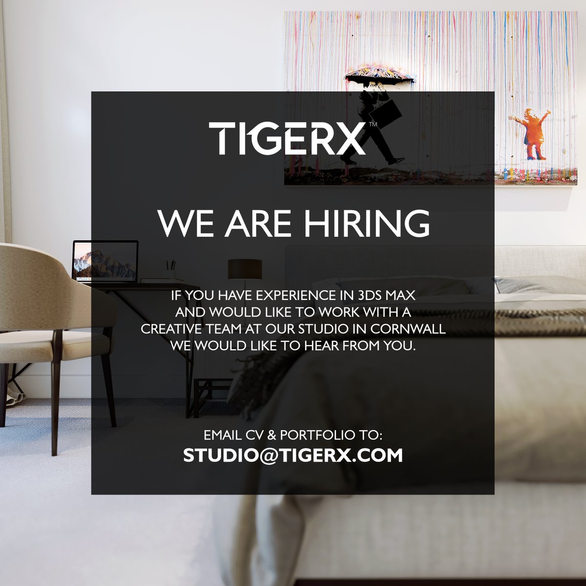 tigerxstudio's tweet photo. Into 3D modelling, visualisation &amp; animation? 
Self taught, student, recent graduate or more experienced? 
We have vacancies.
Drop us a line: studio@tigerx.com
--
#cgiartist #3dartist #3dsmax #3drendering #3danimation #cornwall #graduates #rendering3d #animation #animationstudio https://t.co/eZ83snY0s0