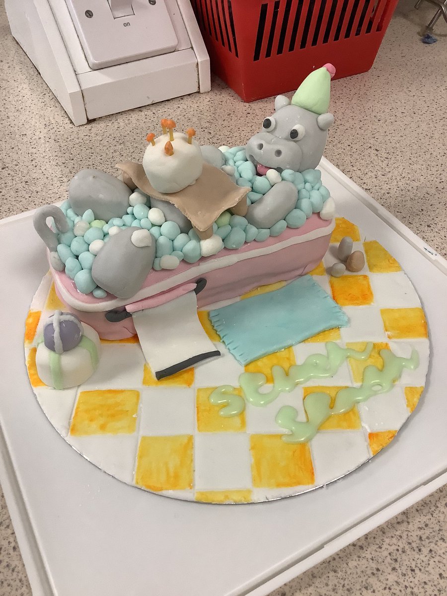 MissHowie1's tweet photo. Cake decorating completed their first big cake today ~ Hippo in a bath tub, they had to model hippo, texture cake board and pipe a message. #cakecraft #firstcake #learningskills https://t.co/fuOKDKHuZZ