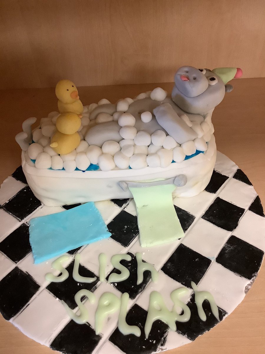 MissHowie1's tweet photo. Cake decorating completed their first big cake today ~ Hippo in a bath tub, they had to model hippo, texture cake board and pipe a message. #cakecraft #firstcake #learningskills https://t.co/fuOKDKHuZZ