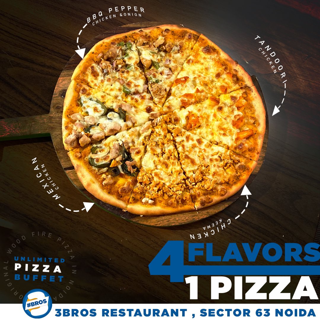 3brosz's tweet photo. Satisfy your pizza craving with 4 flavors in 1 Pizza. 
Dine for Unlimited Pizza Buffet and get 
Garlic bread + Unlimited Coke + Sizzling Brownie Complimentary 

#noida #noidagram #noidafoodie #noidadiaries #noidacity #foodporn #pizzalove #pizzalover #pizza🍕 #pizzabuffet https://t.co/wFnp2hCxmx