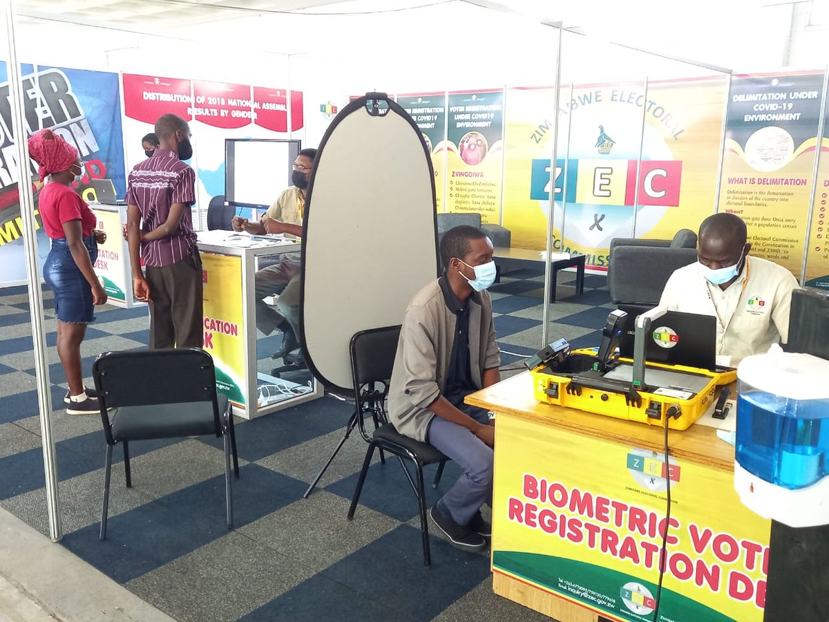 ZECzim's tweet photo. Youths visiting @ZECzim stand @ #ZITF2021 . Services at the stand include Voter Registration and Inspection and Voter Education. Also on display  are Voter Registration maps and Delimitation information https://t.co/KJhO04Z5UK