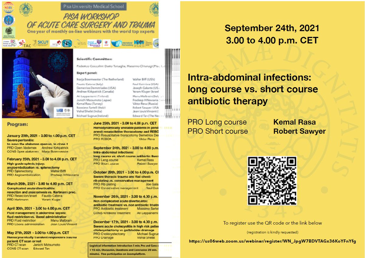 Hüseyin Kemal Raşa (@kemrasa) on Twitter photo Pro Con debate on "Intra-abdominal infections:
long course vs. short course antibiotic therapy" at the Pisa workshop on acute care surgery and trauma
Kemal Rasa Pro Long Course
Robert Sawyer Pro Short Course
<a href="/kemrasa/">Hüseyin Kemal Raşa</a> <a href="/SISEurope/">SurgInfectSoc-Europe</a> <a href="/SurgInfxSoc/">Surgical Infection Society</a> <a href="/Infectsurg/">Infectionsinsurgery</a> <a href="/worldsis_org/">World Surgical Infection Society</a> <a href="/WSESurgery/">World Soc Emerg Surg</a> Pro Con debate on "Intra-abdominal infections:
long course vs. short course antibiotic therapy" at the Pisa workshop on acute care surgery and trauma
Kemal Rasa Pro Long Course
Robert Sawyer Pro Short Course
<a href="/kemrasa/">Hüseyin Kemal Raşa</a> <a href="/SISEurope/">SurgInfectSoc-Europe</a> <a href="/SurgInfxSoc/">Surgical Infection Society</a> <a href="/Infectsurg/">Infectionsinsurgery</a> <a href="/worldsis_org/">World Surgical Infection Society</a> <a href="/WSESurgery/">World Soc Emerg Surg</a>