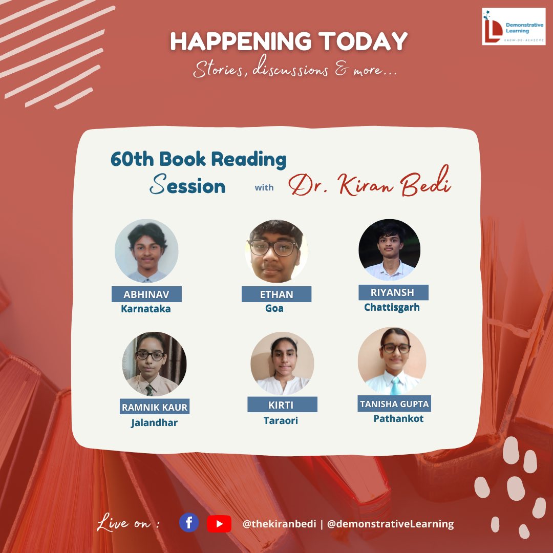 DemonstrativeLE's tweet photo. LIVE NOW: Tune in for the 60th Book-Reading session w/ Dr. @thekiranbedi π
Stories, discussions & much more.
.
.
#FridayFeeling #learningathome #learnfromhome #learningeveryday #learningneverstops #bookreader #bookreading #stories #education #DigitalIndia #DemonstrativeLearning https://t.co/TSfzlnTsjz