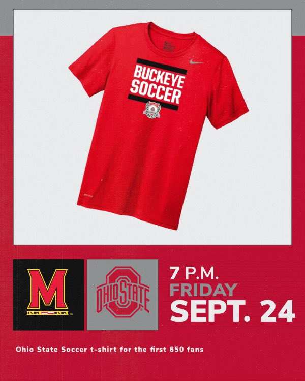 Come out and support us in our first Big Ten game of the season against Maryland! Free admission and free parking. The first 650 fans will receive a free Buckeye Soccer t-shirt #gobucks