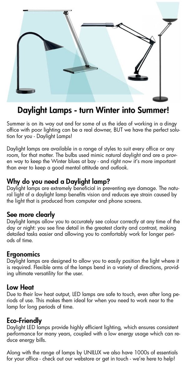 Summer is on its way out and for some of us the idea of working in a dingy office with poor lighting can be a real downer, BUT we have the perfect solution for you - Daylight Lamps! 
Read our lowdown on why these are an office essential! 
Ready to order? 
Contact us now!