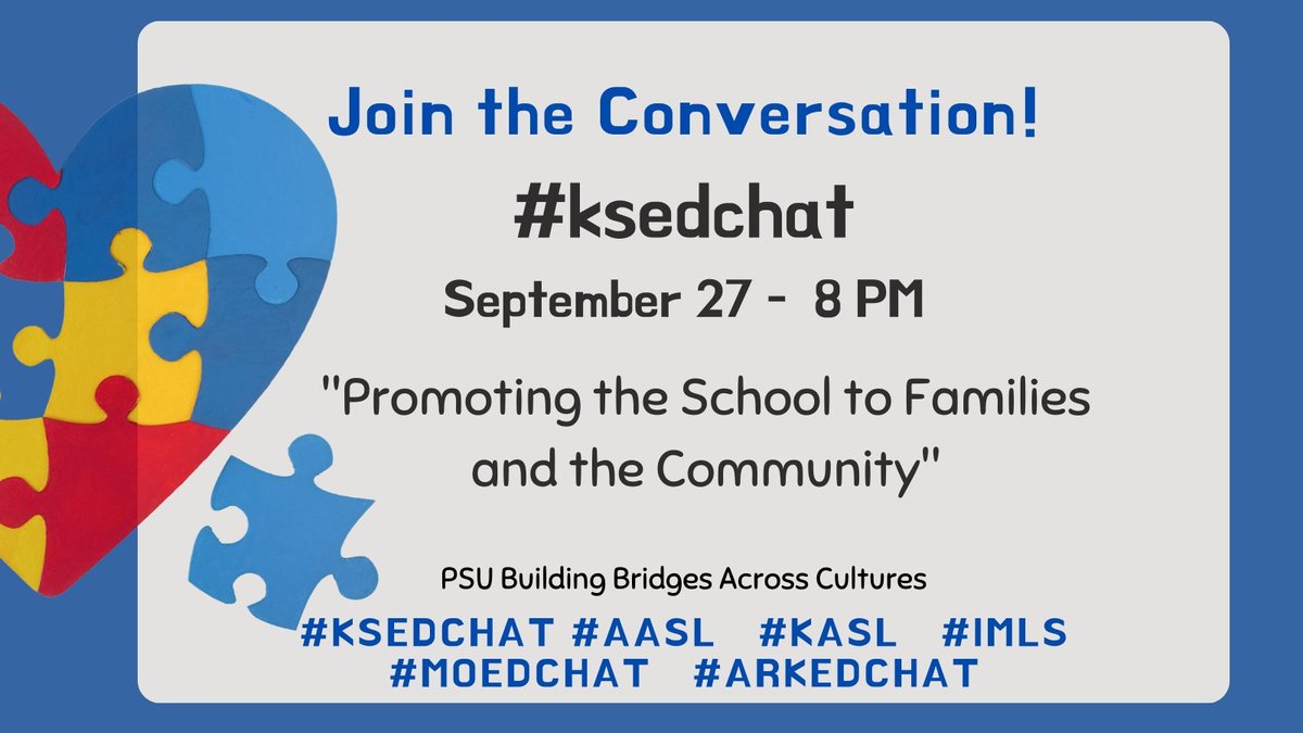 ksedchat's tweet photo. #ksedchat is back Monday, September 27th at 8:00 pm!
Join the crew to discusss "Promoting the School to Families and the Community."
We would appreciate it if you would spread the word with a RT. https://t.co/OddbO1DvaL