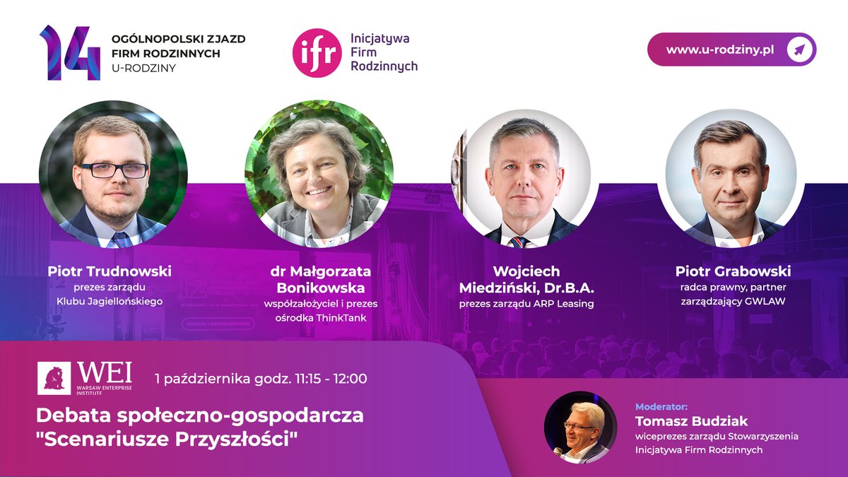 AgencjaRozwoju's tweet photo. Zapraszamy na 14. Ogólnopolski Zjazd Firm Rodzinnych, który odbędzie się 1 i 2 października 2021 w Muszynie oraz online.

🎙 W debacie społeczno-gospodarczej "Scenariusze przyszłości" weźmie udział Wojciech Miedziński, prezes zarządu #ARPLeasing.

#konferencja #debata #rozwój https://t.co/VK5Jm1QsvR