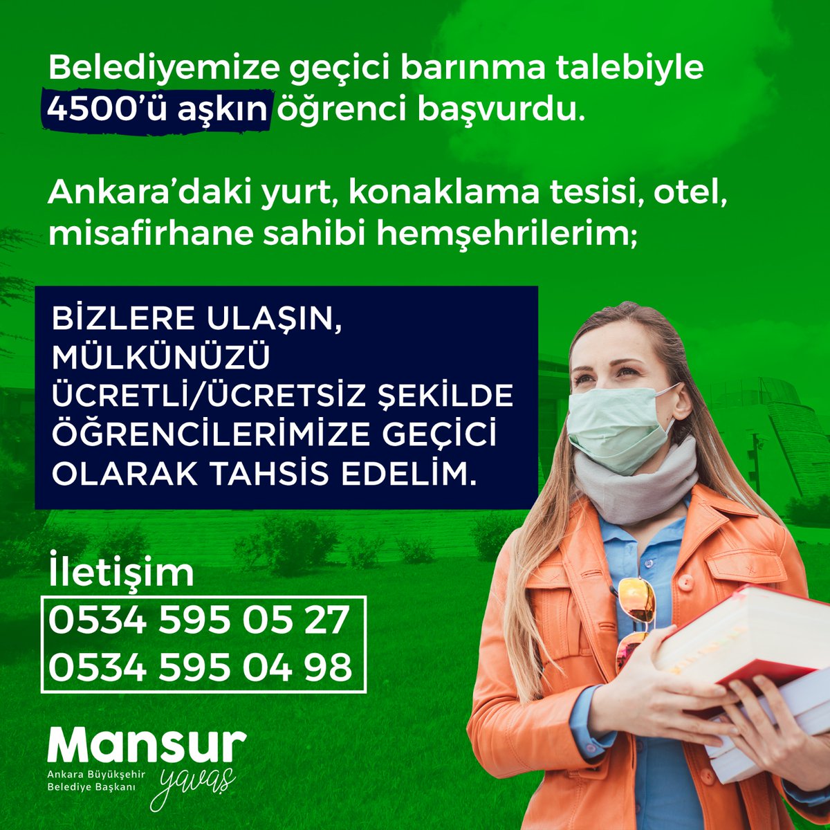 Yurt, konaklama tesisi, otel ve misafirhane sahibi hemşehrilerim;

Edirne’den Kars’a onlarca vilayetten kentimize gelen çocuklarımız var. Onlar Başkenti evi seçti, ana baba ocağı bildi.

Vakit ev sahipliği yapma vakti. Gelin bize ulaşın, hiçbir evladımızı açıkta bırakmayalım.