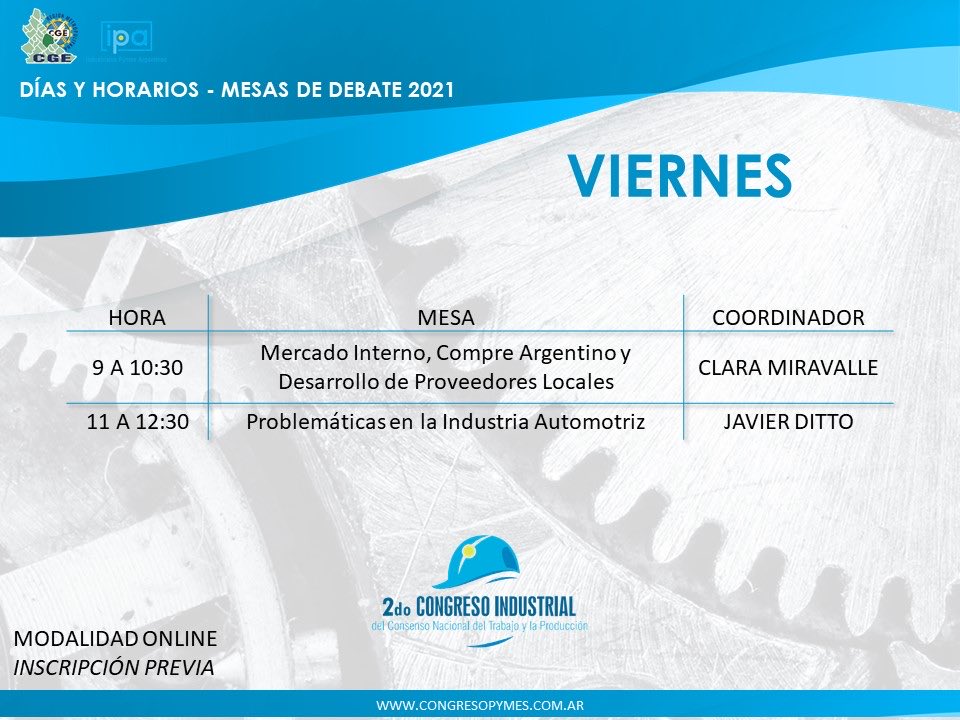 RadarVTIC's tweet image. Ahora!
MESAS DE DEBATE
📅9 A 10:30 *Mercado Interno, #Compre Argentino y Desarrollo de Proveedores Locales
ID 842 7853 2908
Link de Sala 👉🏻 us02web.zoom.us/j/84278532908

📅11 A 12:30 *Problemáticas en la Industria #Automotriz
ID 864 0547 9483
Link de Sala 👉🏻 us02web.zoom.us/j/86405479483