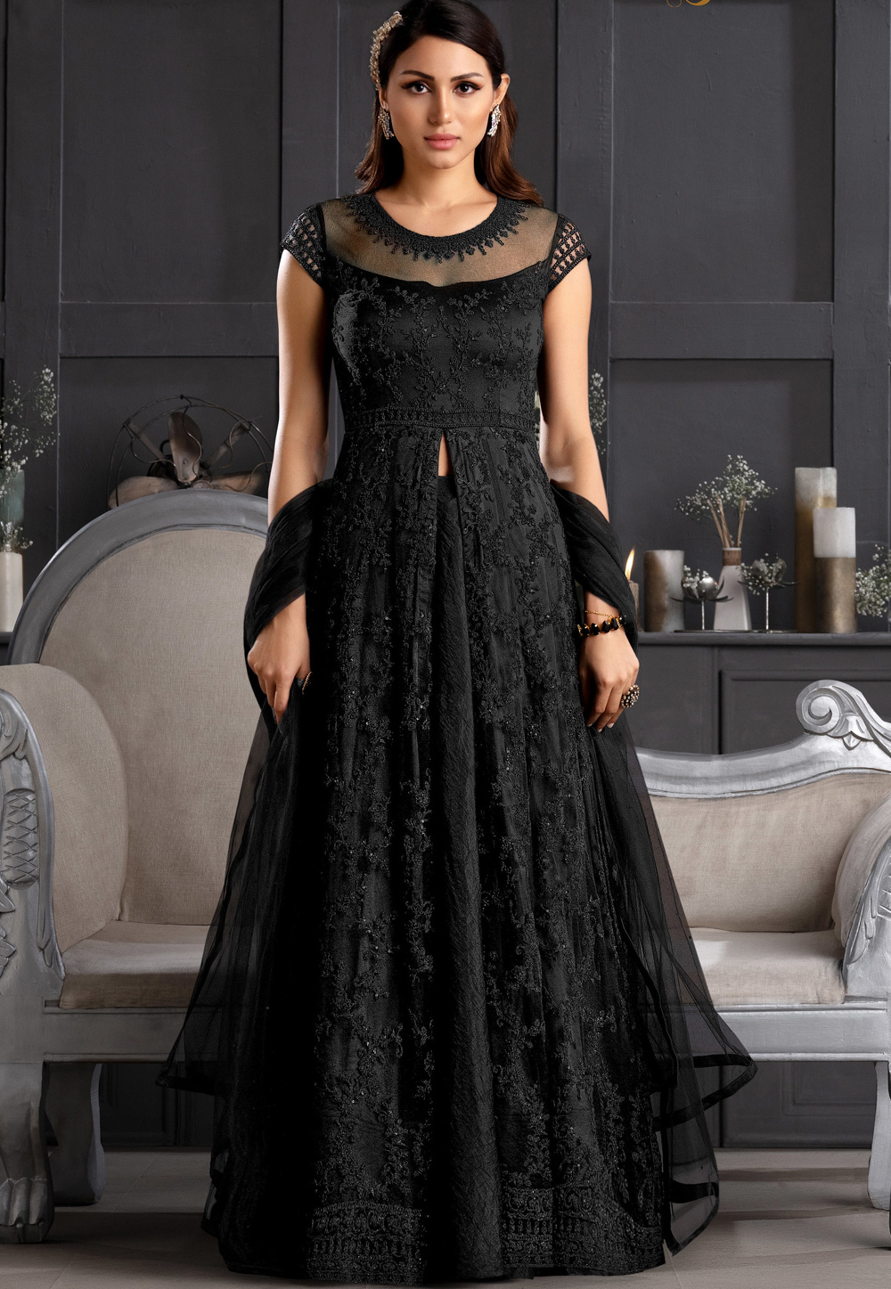 Invigorating Black Party Wear Hand Work Floor Touch Gown | Indian gowns  dresses, Gowns, Designer gowns