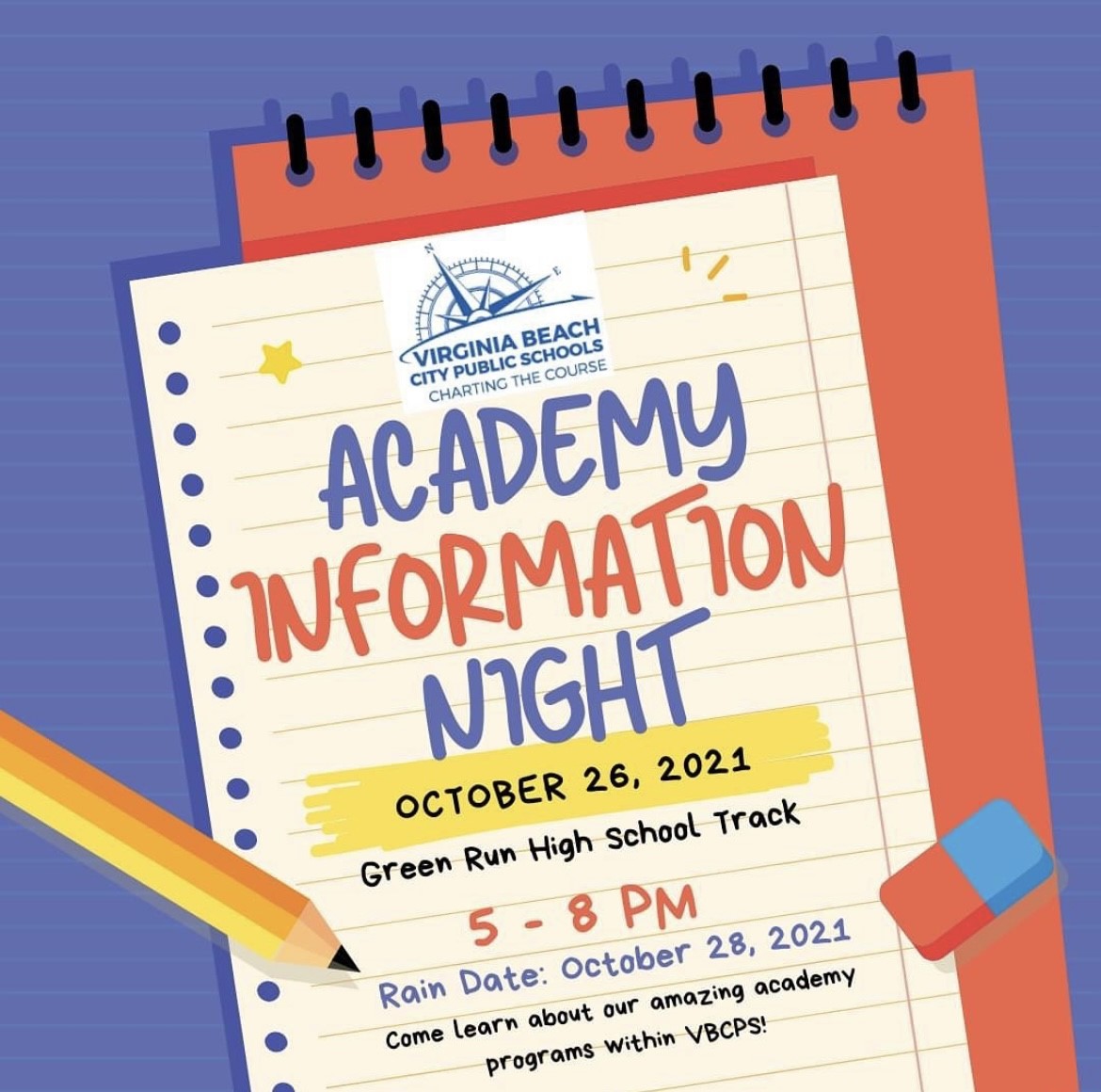 Please Save the Date and come hear about the amazing Academy programs that VBCPS offers on October 26th at 5:00. #EBAProud