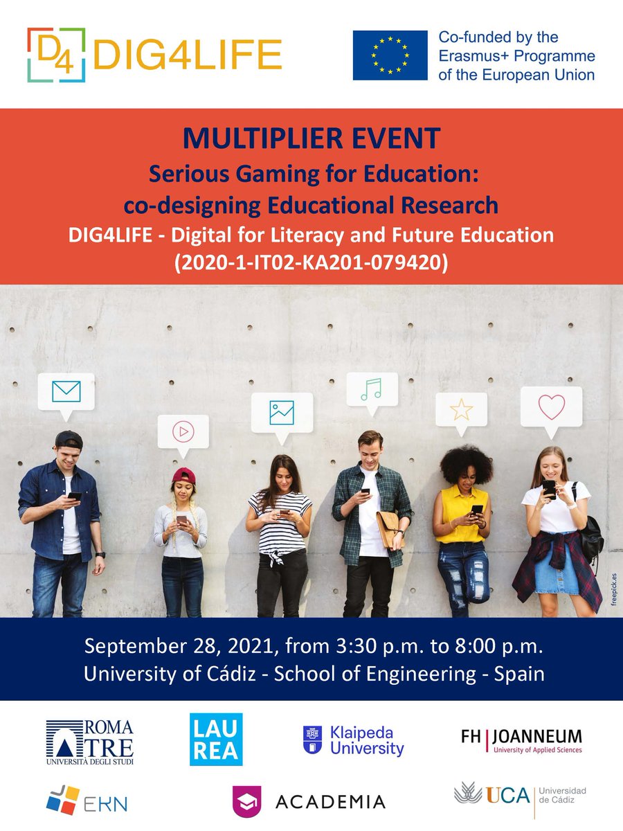 Dig4lifeEU's tweet photo. The Dig4Life project celebrates its first multiplier event under the title "Serious gaming for education: co-designing educational research". The event will take place at the University of Cádiz (Spain), on September 28th, 2021. #Dig4lifeME_Spain https://t.co/EZ0sJ6xojM