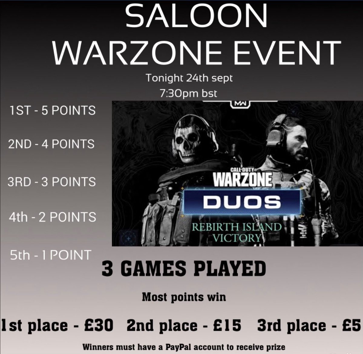 SaloonCommunity's tweet photo. Today is the day.
SALOON WARZONE DUOS REBIRTH TOURNAMENT! 🤠💥🔥
1st - £30
2nd - £15
3rd -£5
Grab your partner, join our discord, drop your activision ID &amp; we will see you in the lobby at 7:30pm UK time!
(Still spaces left, share this post, discord link in bio)
#salooncommunity https://t.co/rcjdvX1Yns