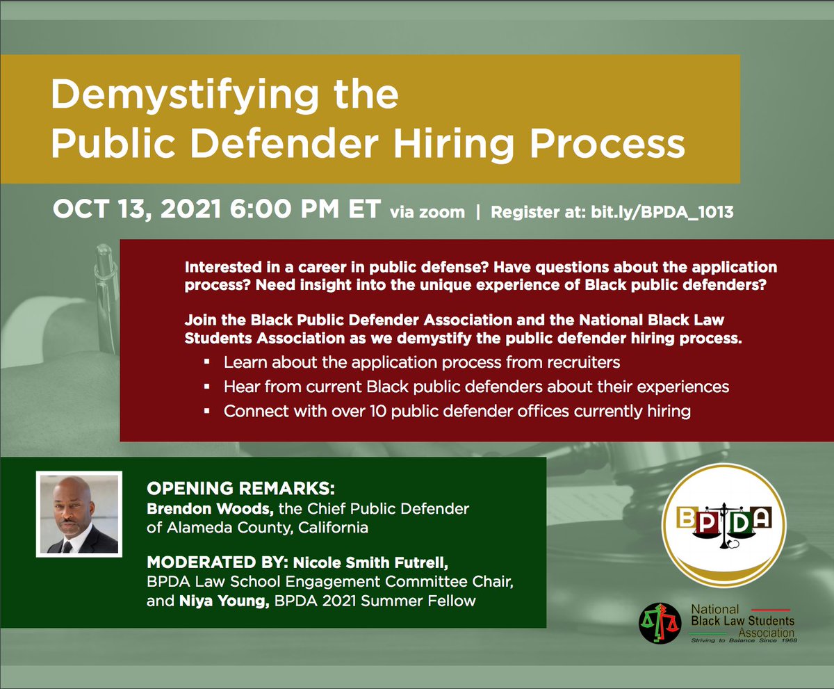 Interested in a career in #publicdefense? Have questions about the application process? Need insight into the unique experience of Black public defenders?

Join us and @NBLSA on October 13 at 6PM ET as we demystify the  hiring process. Register today: bit.ly/BPDA_1013