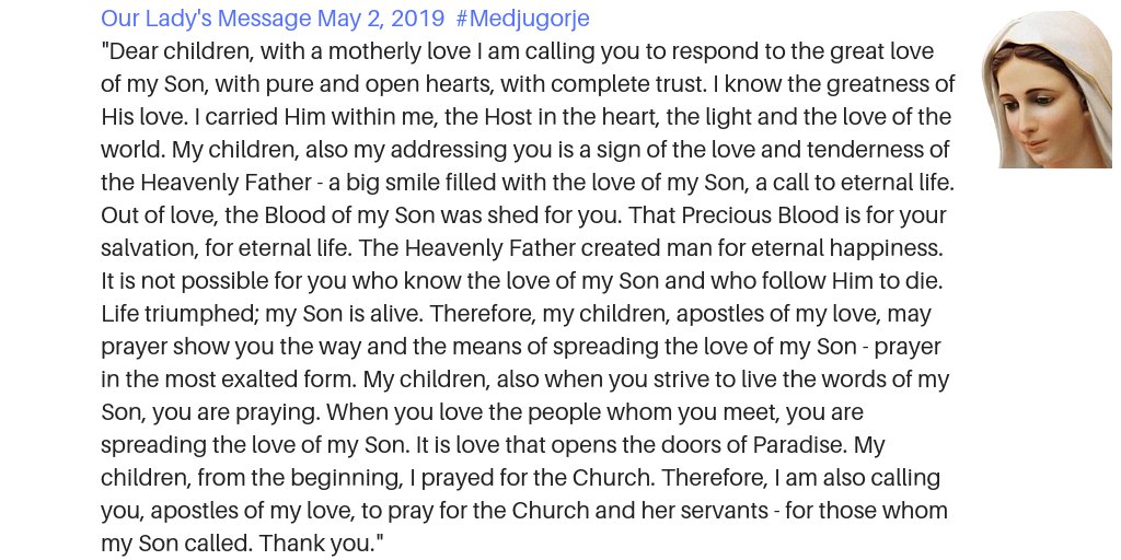 Gospa_Messages's tweet photo. Our Lady's Message May 2, 2019  #Medjugorje

https://t.co/G8bjejBaeF https://t.co/mWG5EnwNoE