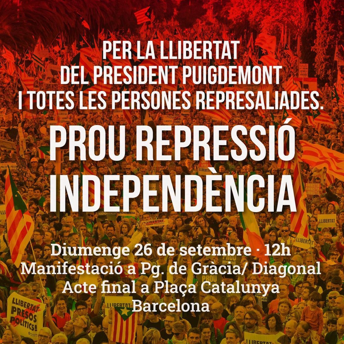 assemblea's tweet photo. ⬛⬜📢 Canvi d'ubicació

❗ La manifestació d'aquest diumenge a Barcelona sortirà de passeig de Gràcia amb Diagonal i acabarà a la plaça Catalunya. 

📍 Per tant, convoquem tothom a les 12 h a passeig de Gràcia amb Diagonal! 

#FreePuigdemont #IndependènciaÉsLlibertat https://t.co/1MAVs6bXcg