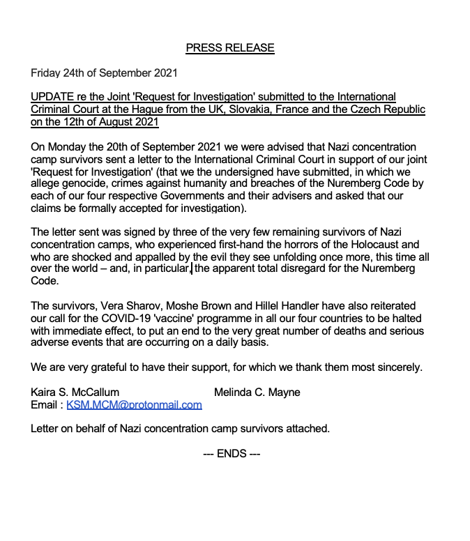 davidkurten's tweet photo. PRESS RELEASE: Holocaust survivors call on the International Criminal Court to proceed with the joint request from the UK, France, Czech Republic and Slovakia for an investigation of CRIMES AGAINST HUMANITY by coerced experimental mRNA injections that break the NUREMBERG CODE. https://t.co/2yUIvw6m0k