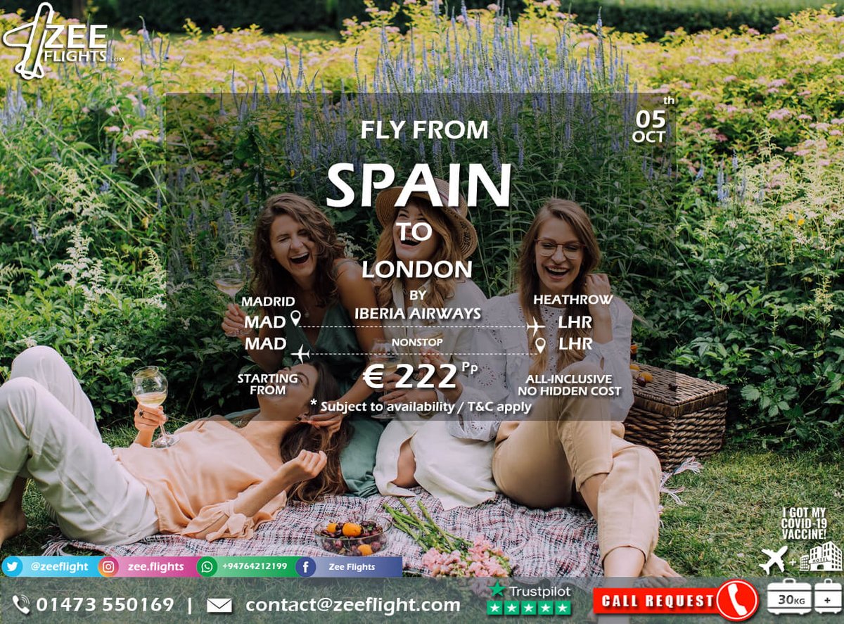 zeeflight's tweet image. Affordable Flights from Spain to London.

Discover our best flights deals from Spain to London.
 
✆ : 014 735 50169 | Whats app: +94 764 2121 99. 

What's App: wa.me/message/FH4G4S…

✉: contact@zeeflight.com | enquiries@zeeflight.com.

Tags.
#deals #offer #affordable #airfare