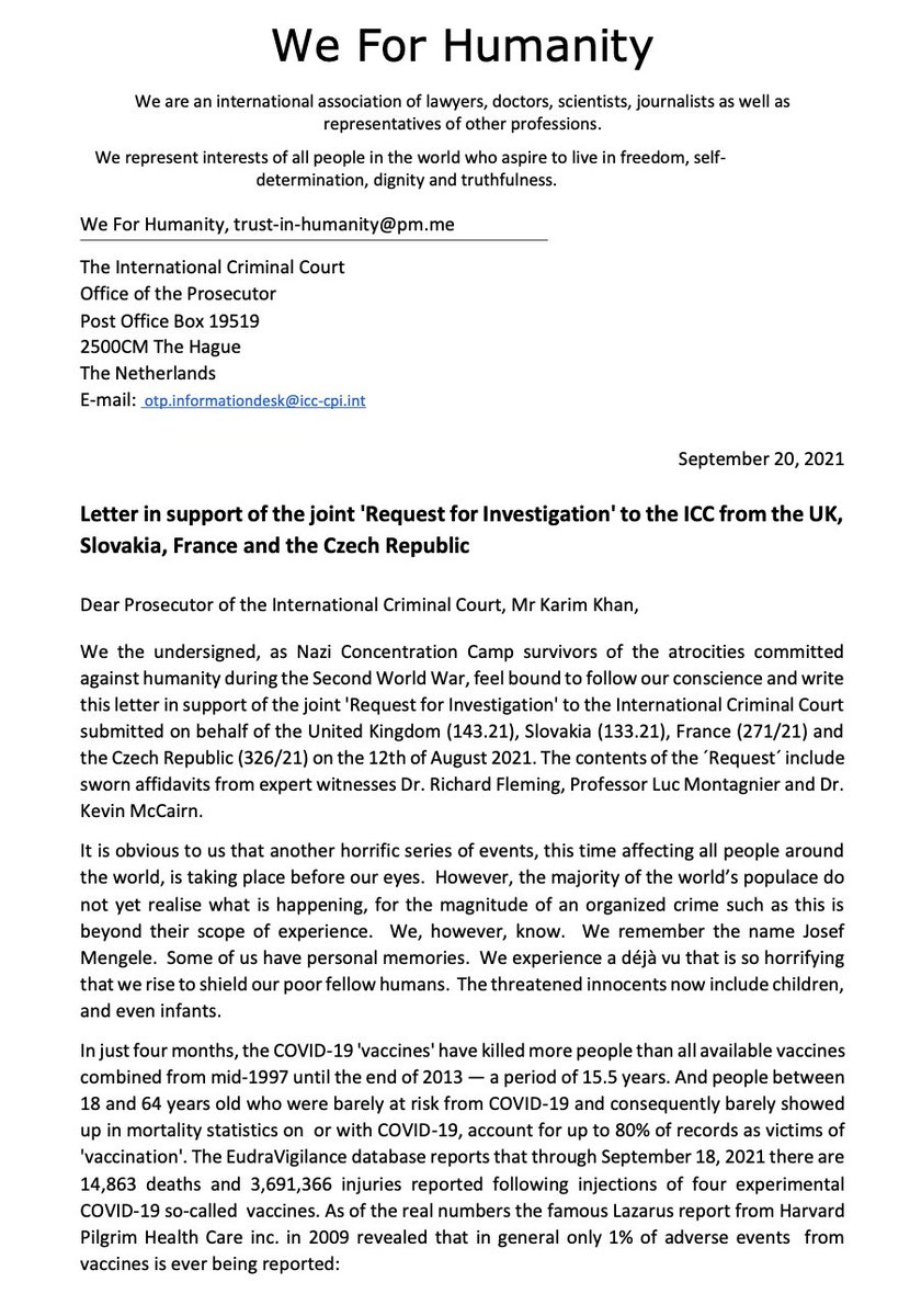 davidkurten's tweet photo. PRESS RELEASE: Holocaust survivors call on the International Criminal Court to proceed with the joint request from the UK, France, Czech Republic and Slovakia for an investigation of CRIMES AGAINST HUMANITY by coerced experimental mRNA injections that break the NUREMBERG CODE. https://t.co/2yUIvw6m0k