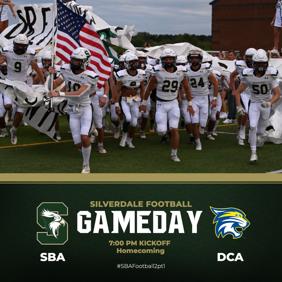 SBASeahawks's tweet photo. #GAMEDAY and #HOMECOMING for #SBAFootball as we take on Donelson Christian Academy. Kickoff at 7pm. #GoBigGreen #WelcomeBackAlumni https://t.co/0wz3c5wsdN