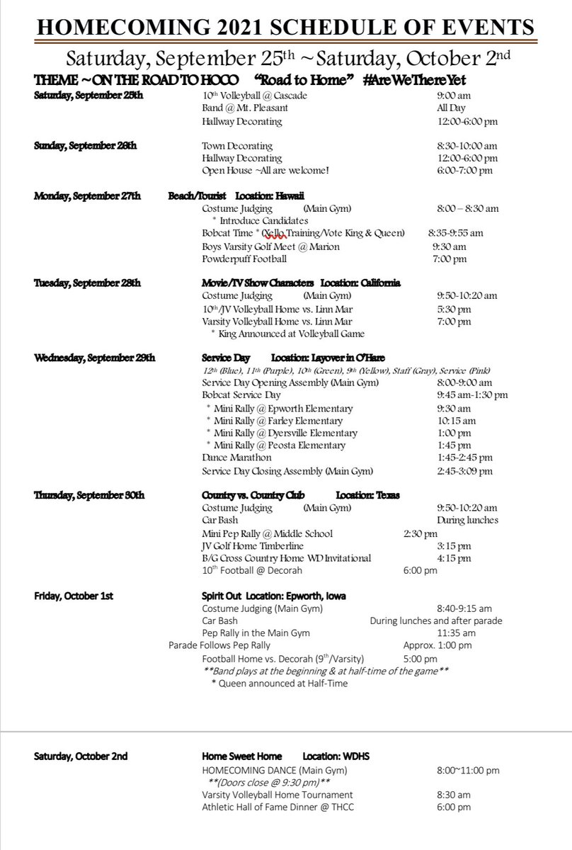 WestDubStuCo's tweet photo. The week is almost finally here! Homecoming week is next week and here is what the Bobcats have planned! https://t.co/Qoh9kFSGCY