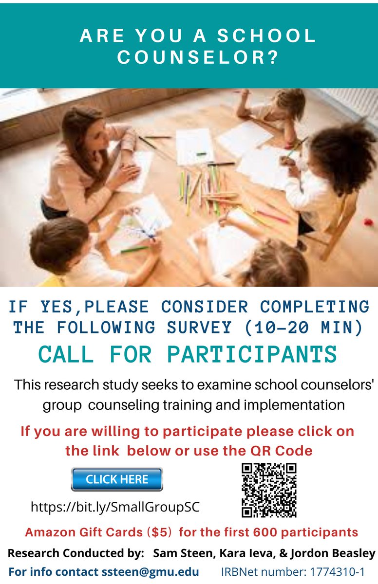 First 600 completed users receive $5 electronic gift cards. GROUP COUNSELING IN SCHOOLS USING THE LENS OF POWER, PRIVILEGE, &amp; INTERSECTIONALITY. 
#scchat <a href="/ASCAtweets/">ASCA</a> #antracistSC #counselorEd #edutwitter <a href="/NJSCA/">NJSCA</a> <a href="/ASCAtweets/">ASCA</a>  <a href="/CounselingViews/">Follow ACA at @ACACounselors</a> 
Survey Link: bit.ly/SmallGroupSC