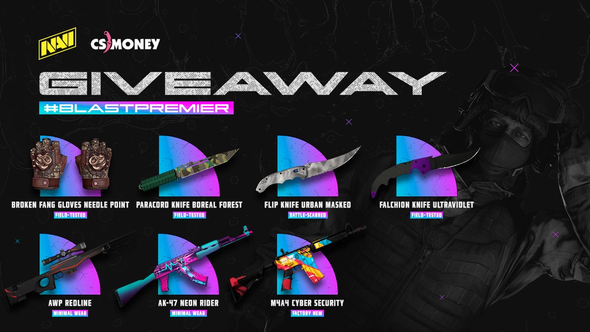 Together with CSMONEY we wanna celebrate the start of our matches at #BLASTPremier. To join the giveaway you need:
— Follow <a href="/natusvincere/">NAVI</a> and <a href="/csmoneytrade/">CS.MONEY</a>
— Comment, Like &amp; RT 

We'll randomly choose the winners this Monday, right after the <a href="/BLASTPremier/">BLAST Premier 💥</a> final day. Good luck!