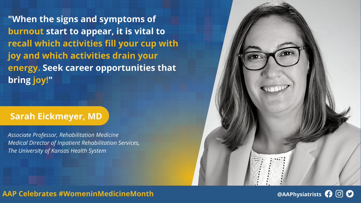 Our latest #WomeninMedicine feature is <a href="/EickmeyerSarah/">Sarah Eickmeyer</a> with <a href="/KU_PMR/">KU PM&R</a>!

Dr. Eickmeyer recently completed 6 years as a residency program dir. at the <a href="/UnivOfKansas/">University of Kansas</a>. She's excited for her new role in medical education with med students.

Read about her journey: physiatry.org/news/581124/Wo…
