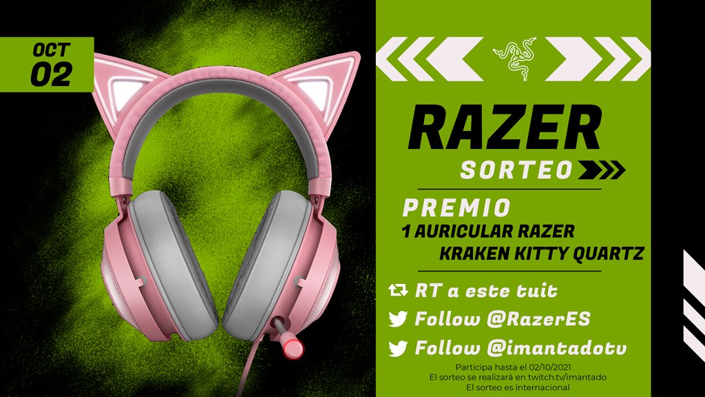 imantadotv's tweet photo. #SORTEO INTERNACIONAL GRACIAS A @RazerES 🐍
 
Se sortea:
🔸 1 Auricular Razer Kraken Kitty Quartz

¿Qué tienes que hacer para participar? 
✅ Sigue a @imantadotv y @RazerES
🔄 RT a este tuit

⏱ ¡Participa hasta el 02/10/2021!

Para todo el 🌍, ¡Mucha suerte! 🍀 https://t.co/MYI4qG4uQR