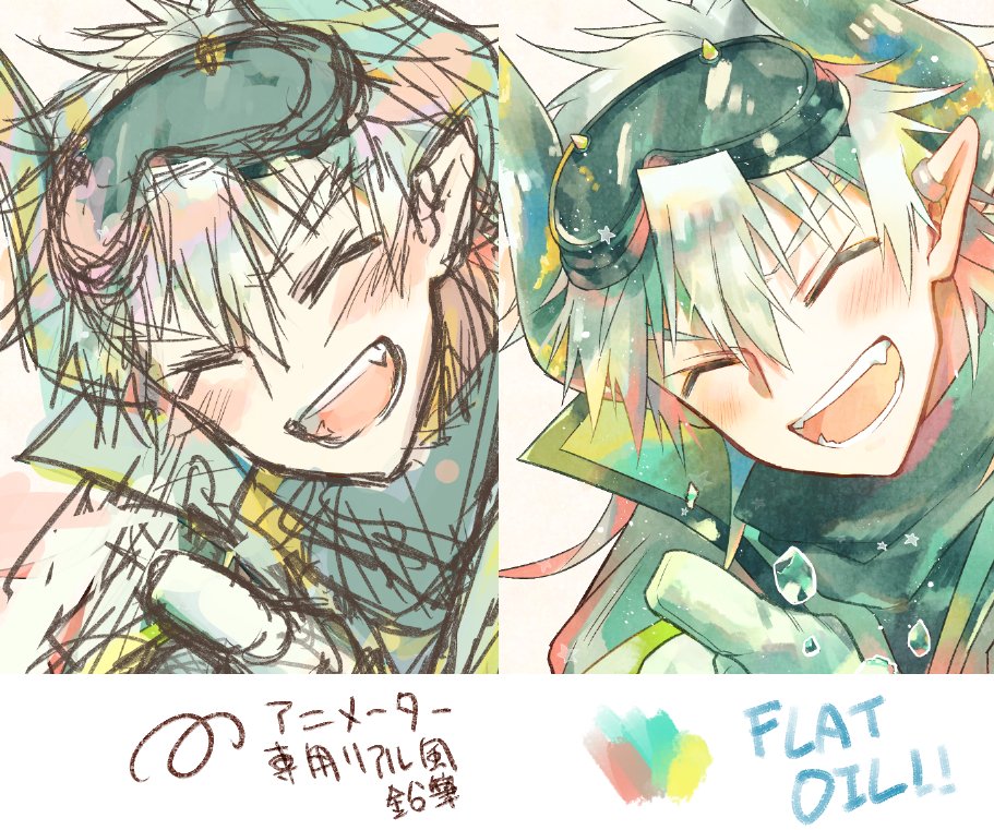 途方に暮れながら最終的に楽しく描いた根性塗り、カラーラフに先に無茶ぶりのように好きな色を塗り、ひたすらスポイトで取ってラフの色ににじり寄って行きました
一つのレイヤーに塗れたらもっと混色ぽくなるのかもしれないけど、私はレイヤーパーツ分けして塗りました。
