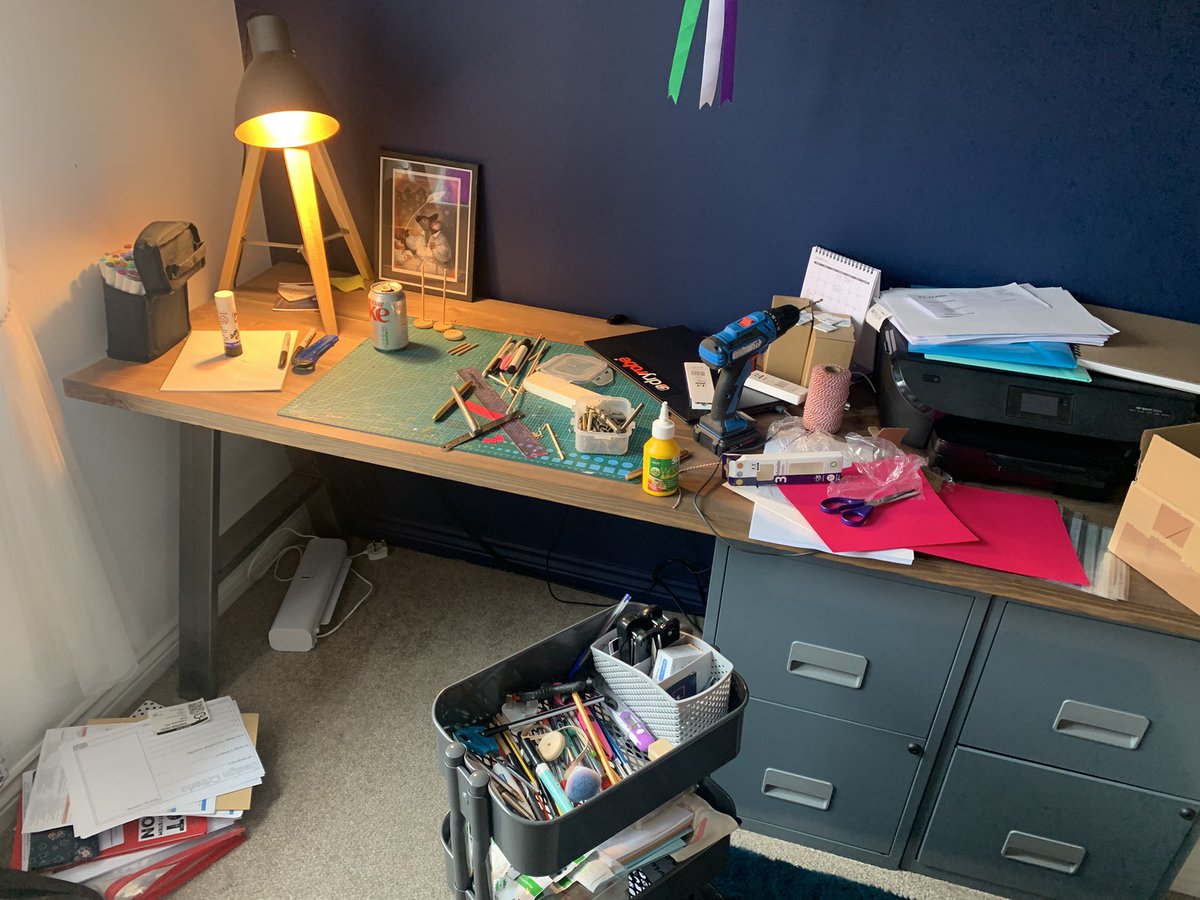 heppdt's tweet photo. I tell the children off for having such messy desks… 😩 best get it sort before Mr Hepp gets home #fueledbyDietCoke #adminday #prototypeday #tools #desk #workingfromhome #glueEVERYWHERE https://t.co/fei3kU3tl0