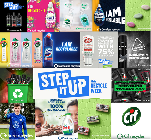 UnileverUKI's tweet photo. This week we were proud to take part in @RecycleNow’s #RecycleWeek♻️We’ve committed to having 100% reusable, recyclable or compostable packaging by 2025. Together, let’s #StepItUpThisRecycleWeek!💚Find out more about our plastic commitments 👇https://t.co/TJ4uYEsGHM https://t.co/qfCx45aWqE
