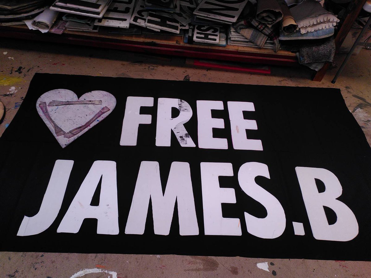 XRebellionUK's tweet photo. James Brown is currently being held at Wandsworth Police Station. Rebels are heading there now to show support and some have even started a banner since James was sentenced to 12 months in prison this morning. 

#FreeJamesBrown #ExtinctionRebellion #ClimateEmergency https://t.co/rSZHGzMlnK