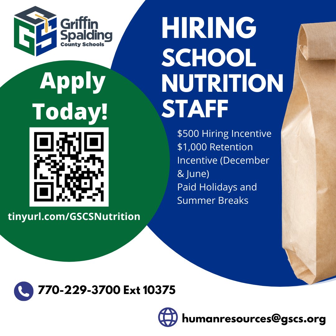 <a href="/GriffinSpalding/">Griffin-Spalding K12</a> is hiring staff for our nutrition department Strong candidates must have a high school diploma or GED! ServSafe certification and previous experience in food service would be excellent! #schoolnutrition #supportstaff Apply today at tinyurl.com/GSCSNutrition!