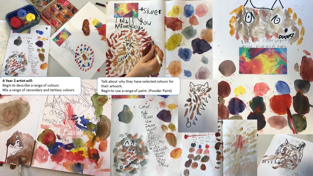This is what colour mixing looks like in our KS1 sketchbooks. Exploring primary colours, mixing and discovering, using a range of paint, sorting colours and using them for a purpose. <a href="/accessart/">Paula Briggs @AccessArt</a> #KS1sketchbooks #primaryart