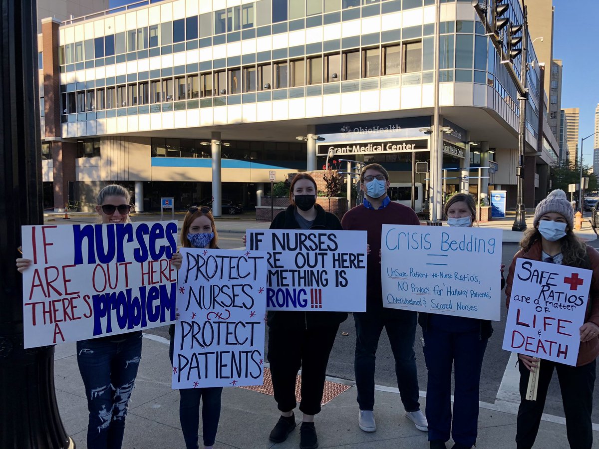 jeremybaiman's tweet photo. 📣 non-union ER nurses at Grant Hospital in downtown Columbus are picketing this morning - mgmt trying to increase their patient ratios to “unlimited”. DM me for contact info if our can get them some support @OhioNursesAssoc, @COWCenter @ohioaflcio @NationalNurses @Columbus_DSA https://t.co/iTuaSGNVWU