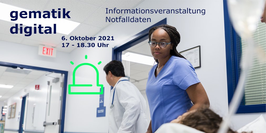 gematik1's tweet photo. Nicht verpassen: Unsere Veranstaltung #gematikdigital zum Thema Notfalldaten #NFD findet am 06.10.2021, 17.00-18.30 Uhr, statt. Auf der Agenda stehen u.a. die elektronische #Patientenkurzakte und Erfahrungsberichte aus der Praxis. Jetzt anmelden: https://t.co/TJB0UtVzg8 https://t.co/XZgqTYPCa6