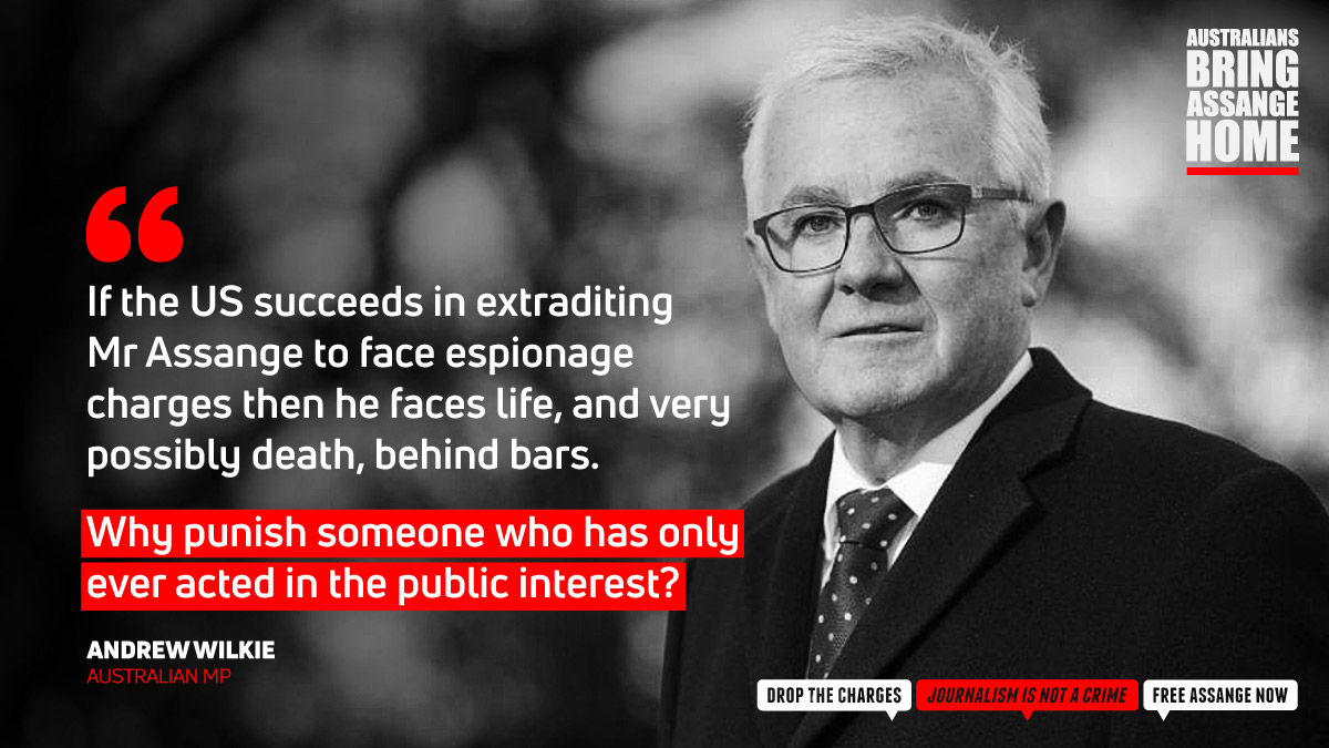 SomersetBean's tweet photo. "If the US succeeds in extraditing Mr Assange to face espionage charges then he faces life, and very possibly death, behind bars.
Why punish someone who has only ever acted in the public interest?"—Australian parliamentarian @WilkieMP: https://t.co/hEefk17tUw #FreeAssangeNOW https://t.co/5Akc4bC146