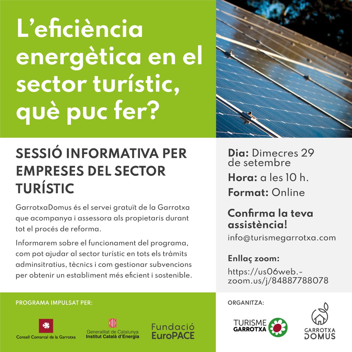 turismegarrotxa's tweet photo. Esteu pensant en fer més eficient energèticament el vostre establiment? Us esperem a la sessió informativa del proper dimecres 29/09 @GarrotxaDomus https://t.co/pzetu1O3Gy