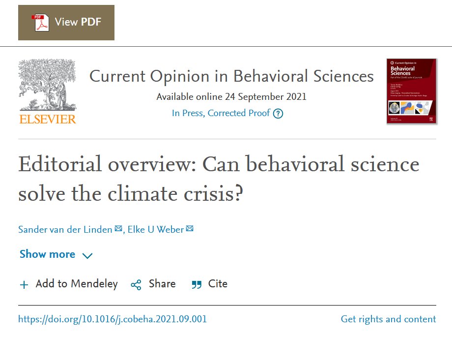 Can Behavioral Science Solve the Climate Crisis? Excited to announce our special issue in Current Opinion in Behavioural Sciences co-edited with the great Elke Weber @elkeweber. So many great reviews from all corners of behavioral science! Special issue: sciencedirect.com/journal/curren…