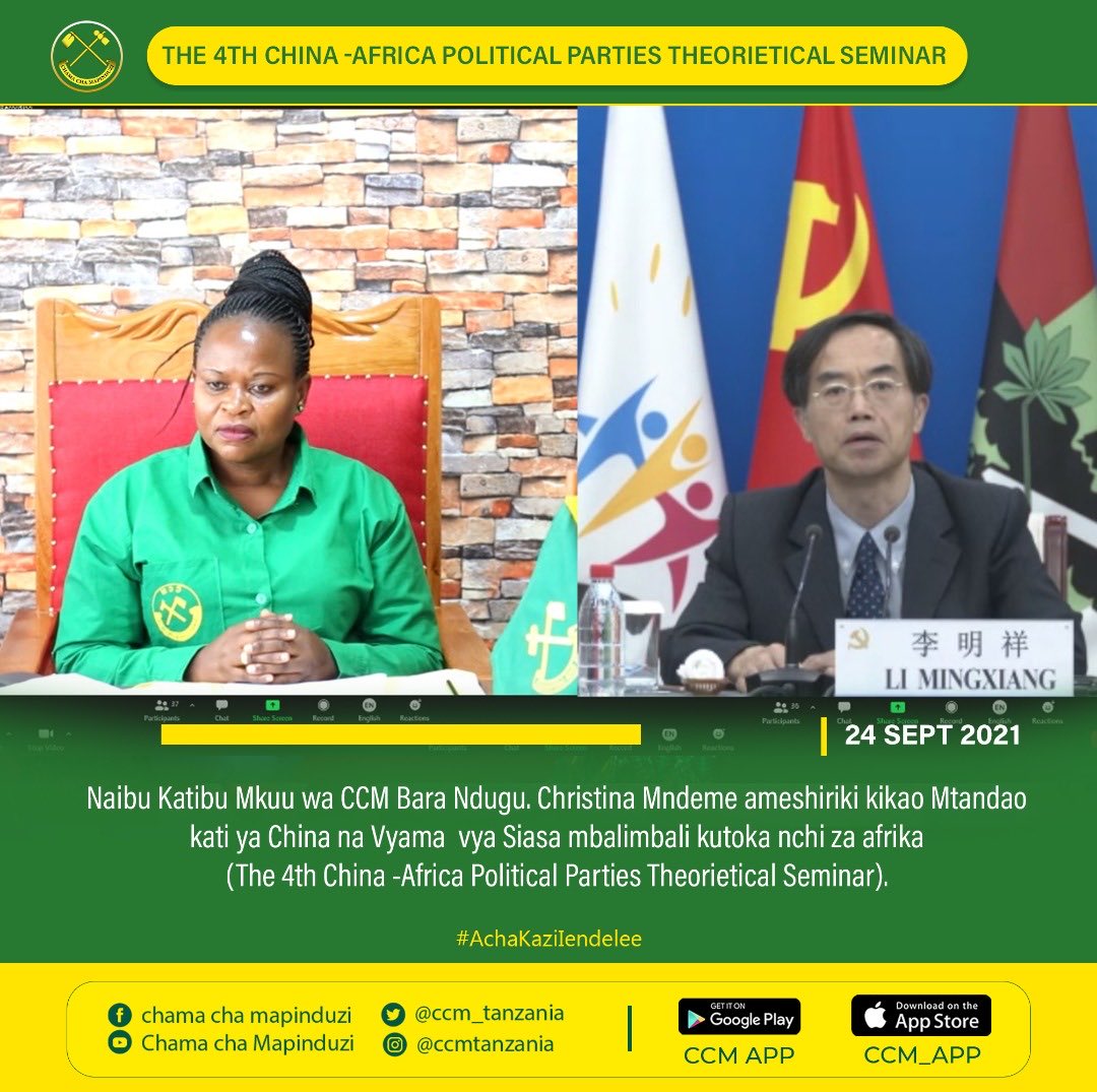 ccm_tanzania's tweet photo. Naibu Katibu Mkuu wa CCM Bara Ndugu. Christina Mndeme ameshiriki kikao Mtandao kati ya China na Vyama  vya Siasa mbalimbali kutoka nchi za afrika (The 4th China -Africa Political Parties Theorietical Seminar).

Leo Tarehe 24 Sept 2021, CCM makao Makuu Dodoma.

#CCMApp https://t.co/FB2zmSaCAk