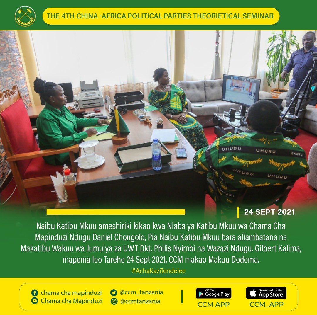 ccm_tanzania's tweet photo. Naibu Katibu Mkuu wa CCM Bara Ndugu. Christina Mndeme ameshiriki kikao Mtandao kati ya China na Vyama  vya Siasa mbalimbali kutoka nchi za afrika (The 4th China -Africa Political Parties Theorietical Seminar).

Leo Tarehe 24 Sept 2021, CCM makao Makuu Dodoma.

#CCMApp https://t.co/FB2zmSaCAk