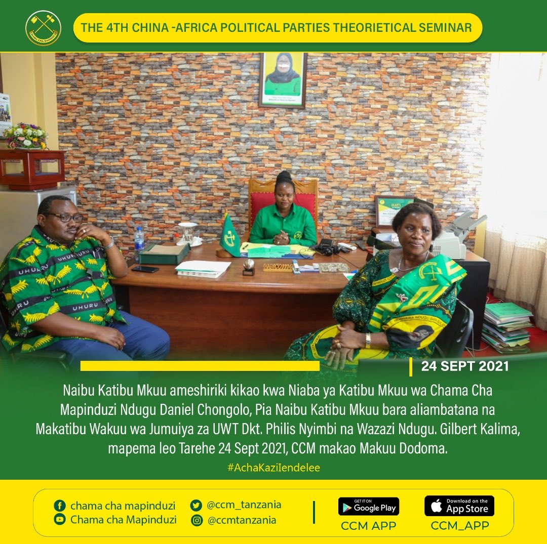 ccm_tanzania's tweet photo. Naibu Katibu Mkuu wa CCM Bara Ndugu. Christina Mndeme ameshiriki kikao Mtandao kati ya China na Vyama  vya Siasa mbalimbali kutoka nchi za afrika (The 4th China -Africa Political Parties Theorietical Seminar).

Leo Tarehe 24 Sept 2021, CCM makao Makuu Dodoma.

#CCMApp https://t.co/FB2zmSaCAk